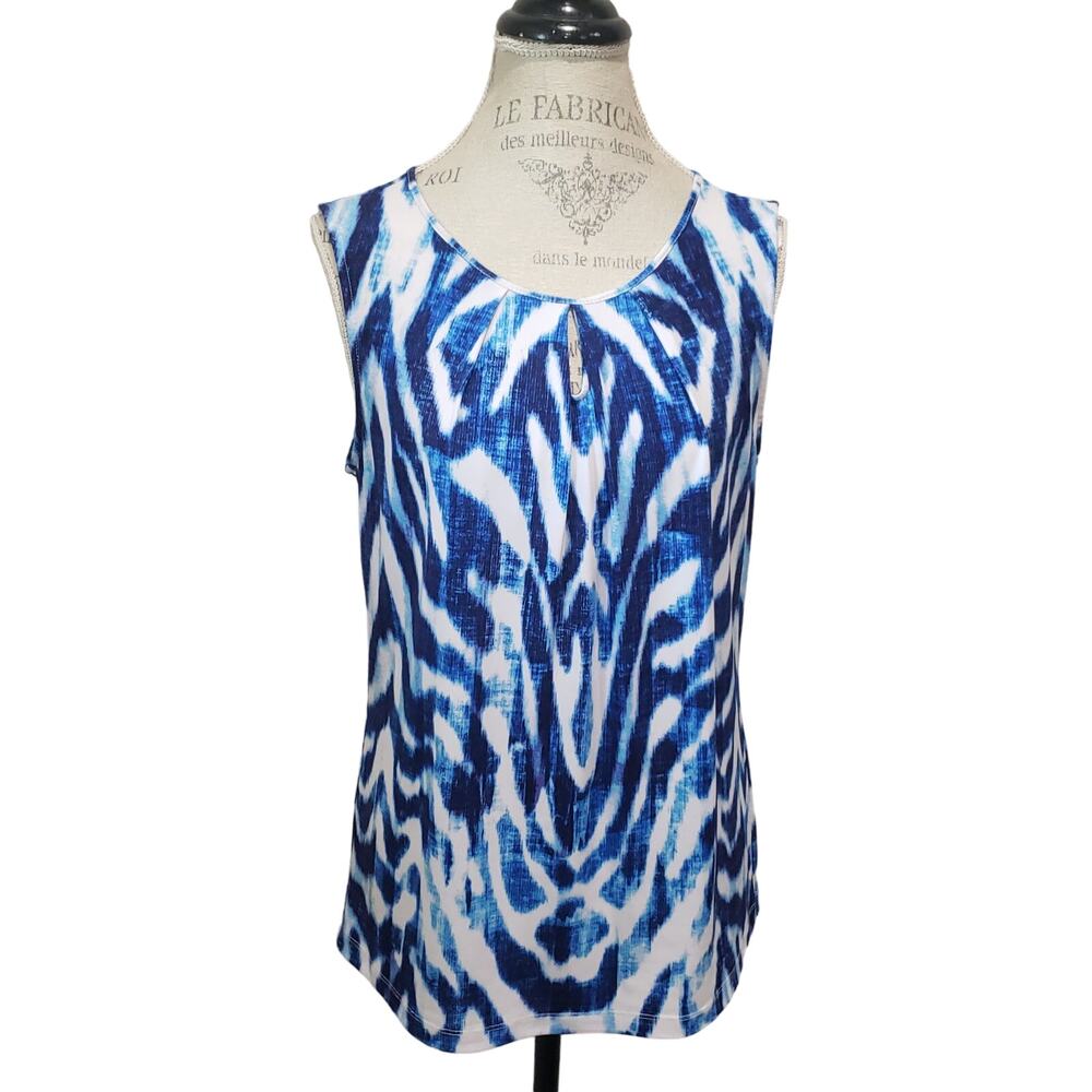 Tahari Arthur S Levine Blue & White Abstract Sleeveless Scoop Neck Blouse Shirt